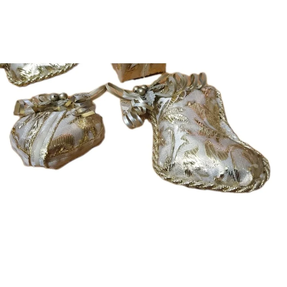Vintage Christmas Fabric Ornaments Hearts Stars Stockings Set of 8 Gold